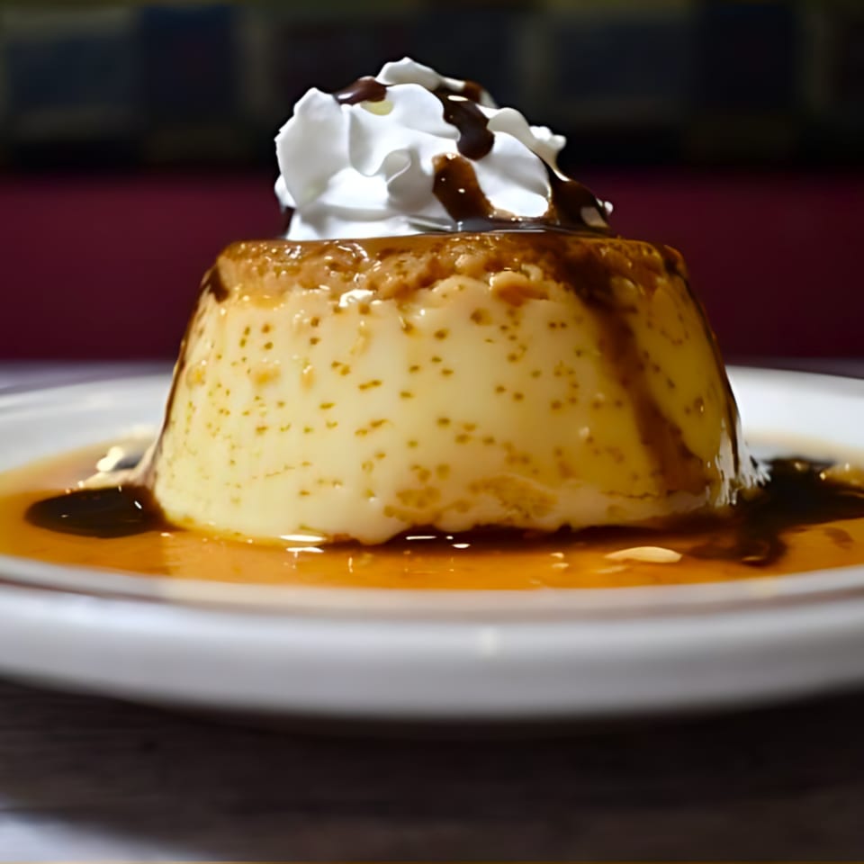 Flan dessert with caramel sauce and whipped cream, drizzled with chocolate, on a white plate.